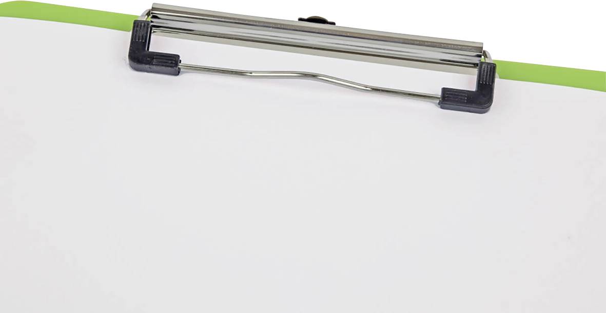 A clipboard with a green border, blank and set against a white background. Perfect for taking notes or organising documents.