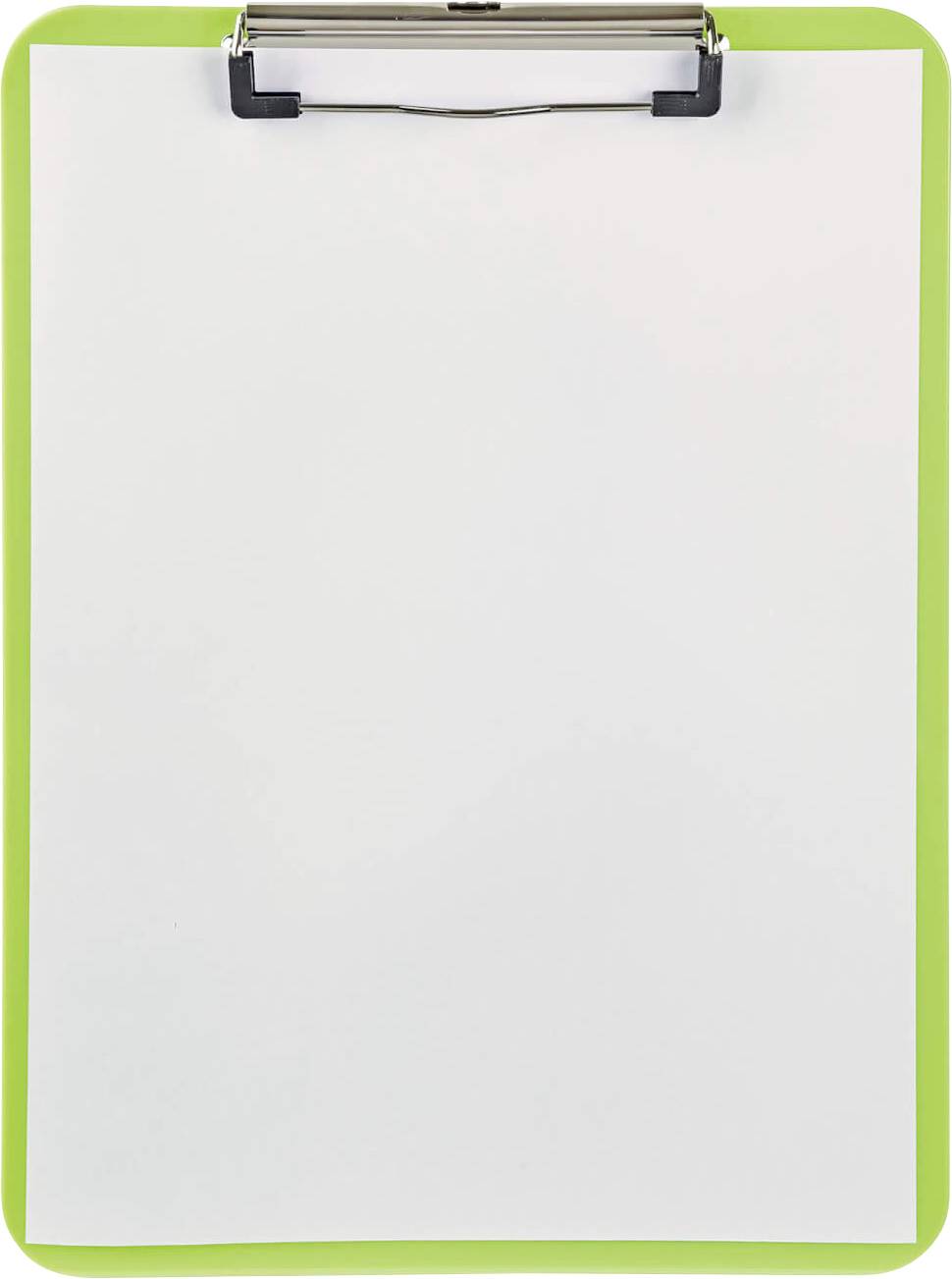 Green clipboard with an empty white sheet of paper, ready for writing or taking notes.