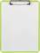 Green clipboard with an empty white sheet of paper, ready for writing or taking notes.