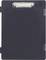 A black clipboard with a metal clip at the top, used for holding paper or documents.