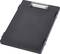 Black clipboard with a silver clip, lying on a smooth surface.