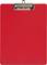 A red clipboard with a silver clip at the top.