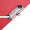 Red clipboard folder with silver metal clip, slightly open.