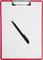 A black pen lies at an angle on a white clipboard with a red border.
