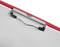 A grey clipboard surface with a red edge and a silver clip capable of holding paper.