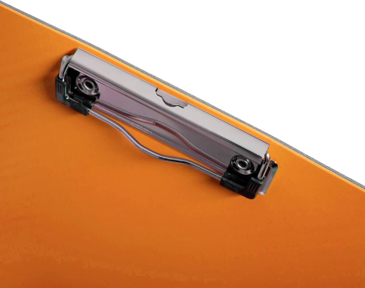 A metal and plastic orange bulldog clip, photographed at an angle. It is used for securing paper.