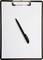 Clipboard with a blank white sheet of paper and a black pen in the centre. Perfect for taking notes or creating lists.