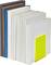 A row of books stands vertically side by side, supported by a yellow bookend on the right side.