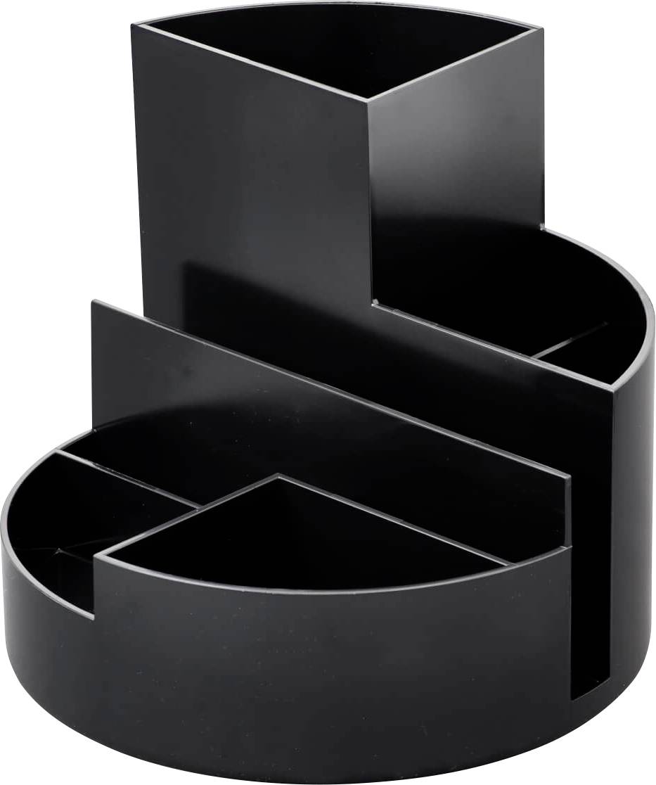 Black, round organiser with multiple compartments of varying sizes. Ideal for storing pens and office supplies.