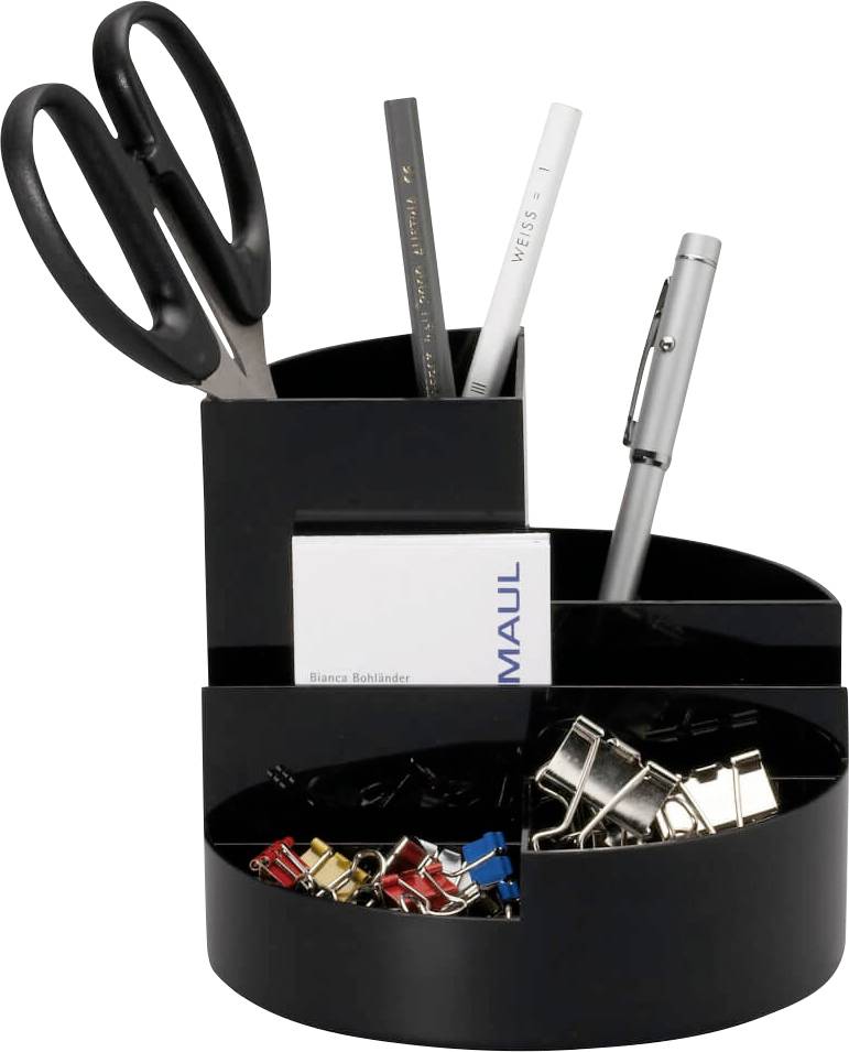 Black desk organiser with compartments, filled with scissors, pens, paperclips, and a notepad.