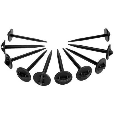 Black plastic nails arranged in a fan-like pattern, presumably for securing nets or tarpaulins in gardening or landscaping.