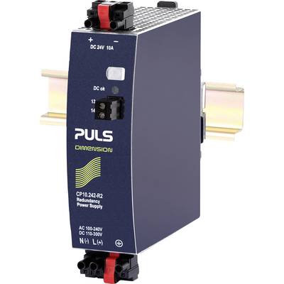 'PULS DIMENSION' switched-mode power supply, mounted on a DIN rail, with input voltage of 100-240V AC and output 24V 10A DC.