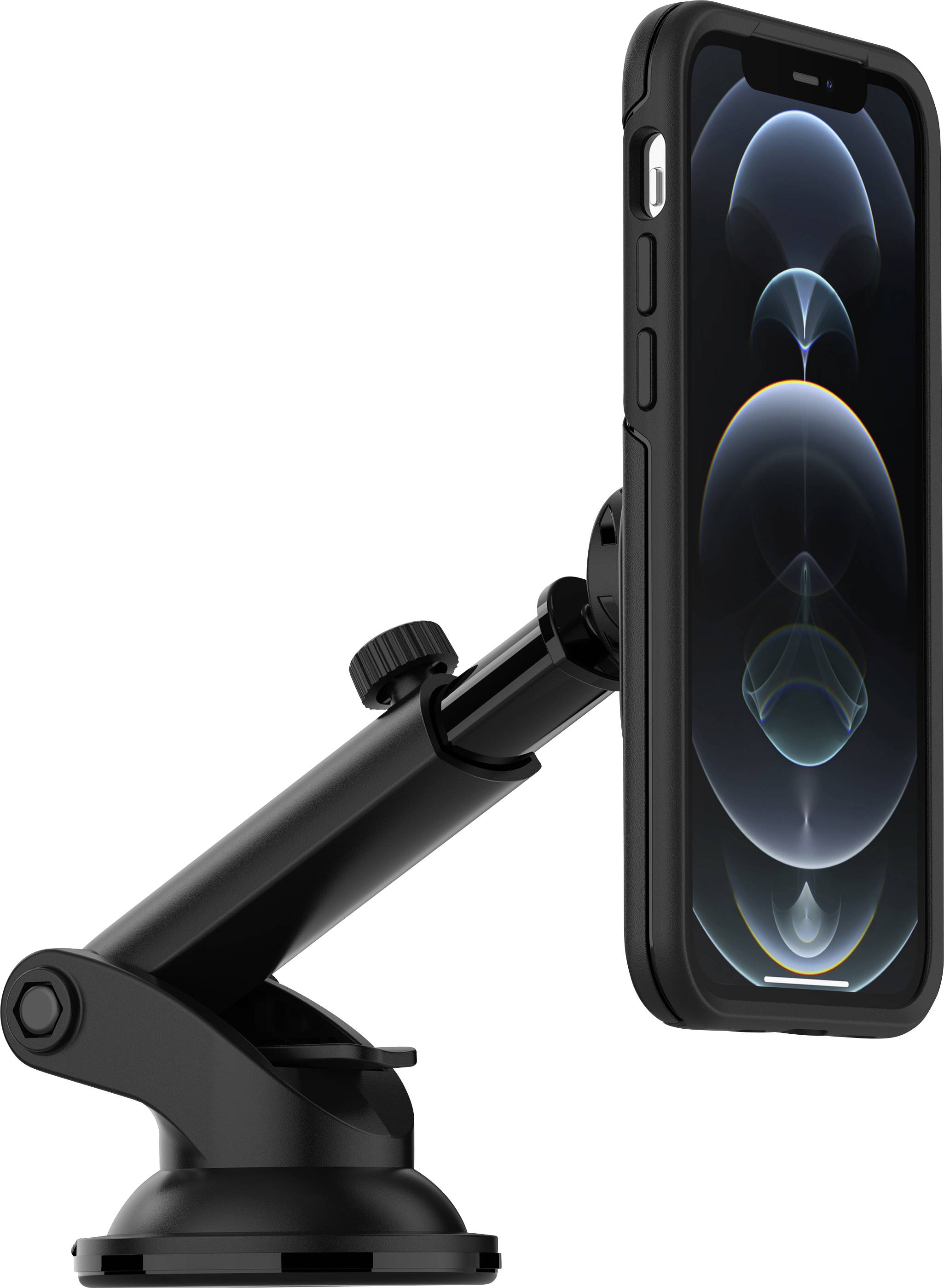 Smartphone holder with adjustable arm and suction cup, holds a smartphone in a vertical position, ideal for vehicles.