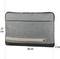 Grey laptop bag with zip. Dimensions: 36 cm width, 27 cm height, 2 cm depth. Design with black and beige accent.