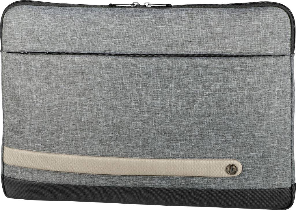 Grey laptop bag with zip closure and beige accent stripe, minimalist design.