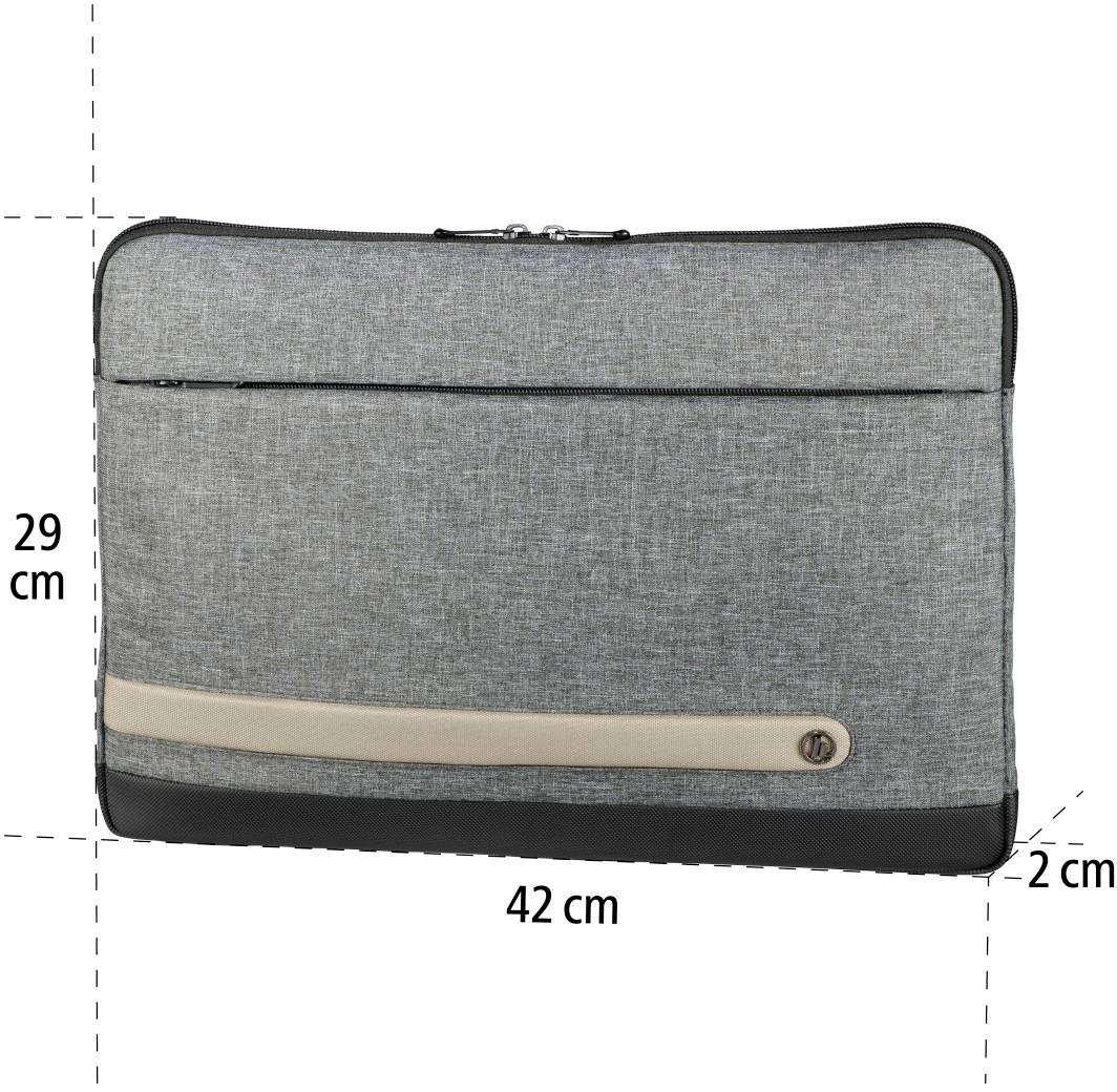 Laptop sleeve, grey, 42 cm wide, 29 cm high, with front zip pocket and light brown accent stripe.