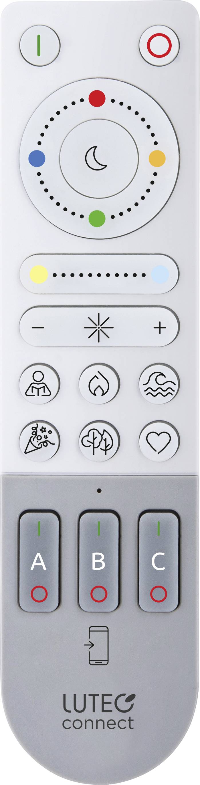 Remote control with buttons for brightness, colour, and preset scenes. Buttons for A, B, C and moon symbol for night mode.