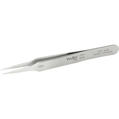 Stainless steel precision tweezers with narrow, pointed tips. Inscription: 'Weller', '2SA', 'Swiss Made', 'anti-acid', 'stainless', 'antimagnetic'.