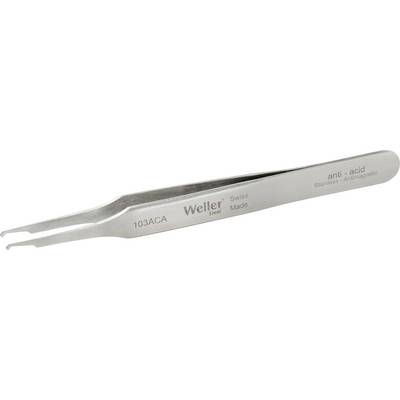 A silver precision tweezers with a curved tip, marked with 'Weller Expert, anti-acid, stainless, antimagnetic'.
