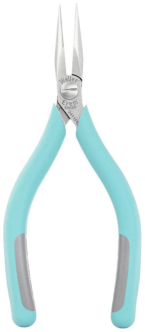A pair of needle-nose pliers with turquoise handles and silver jaws, suitable for precise work in electronics or jewellery making.