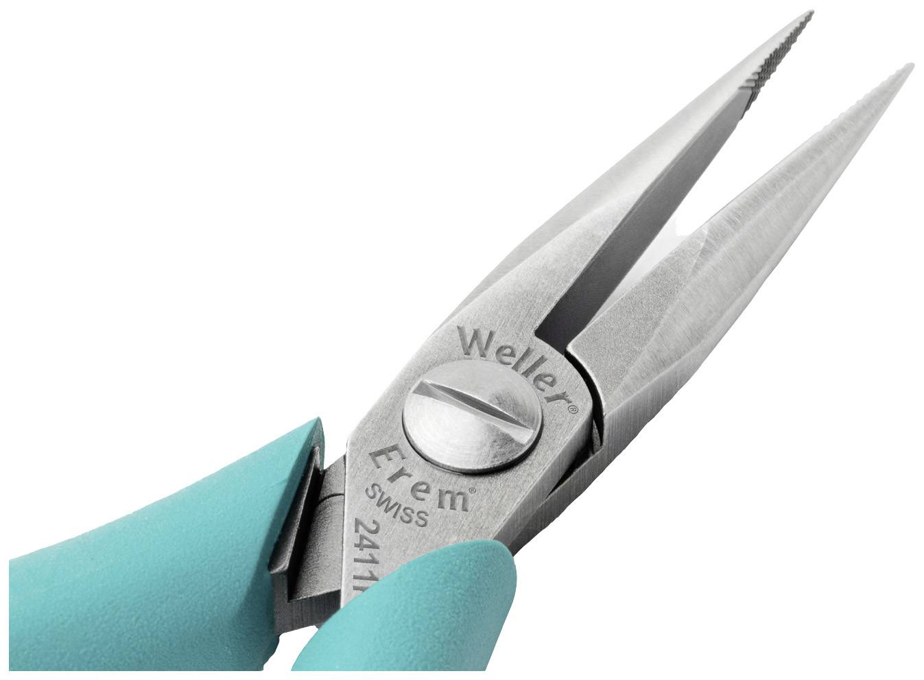 A close-up of a pointed pair of pliers with turquoise handles, suitable for precise work and electronic repairs.