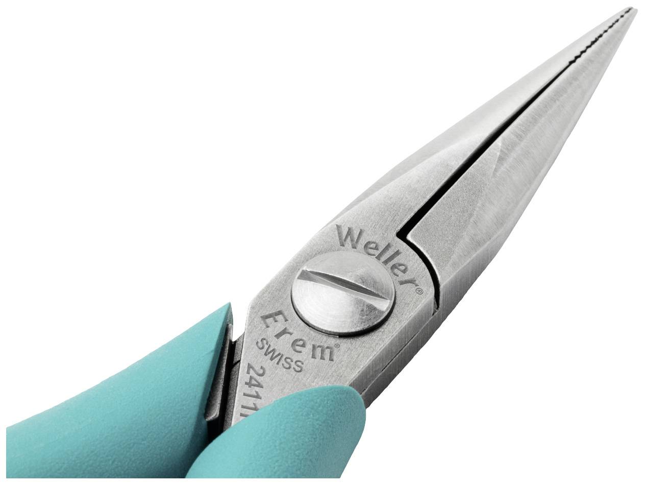 Close-up of pliers with blue handles and narrow, pointed jaws, with brand name visible on the metal.