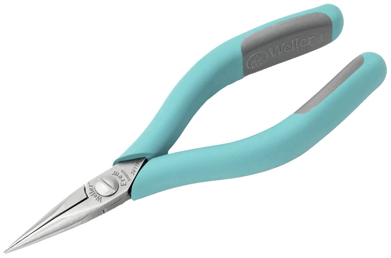 A pointed pliers with blue handles, suitable for precise work in electronics or craftwork.