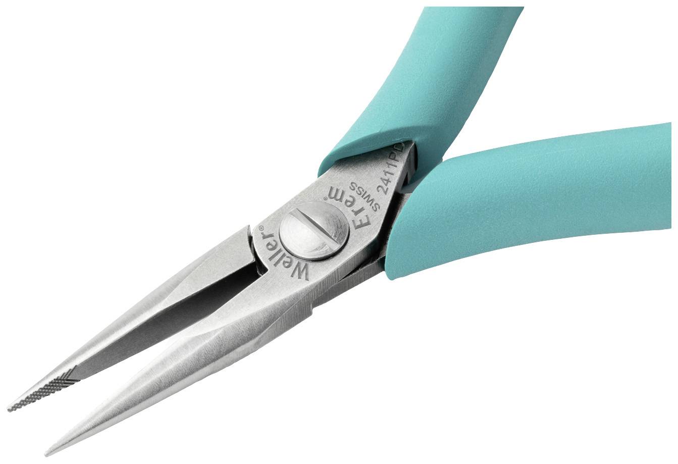 A green pointed pliers with a fine tip, suitable for precision work, against a white background.