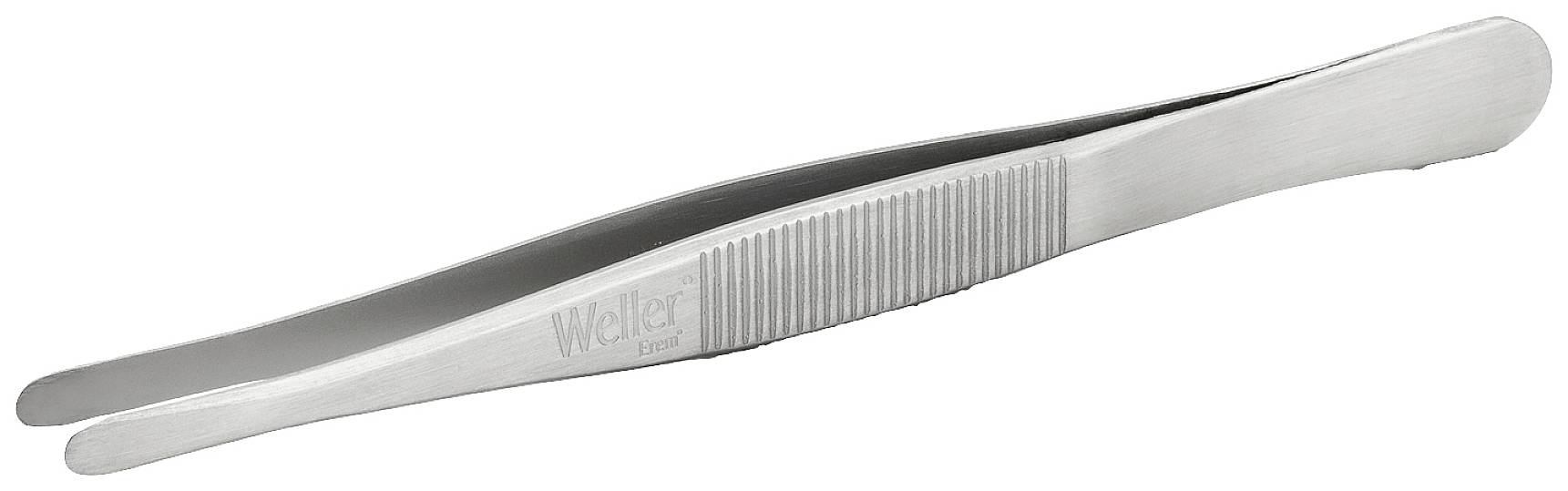 A silver tweezers with a ridged handle, suitable for precisely gripping small objects.