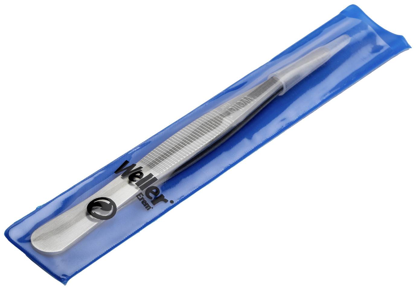 Metal tweezers in a blue plastic packaging.