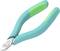 A turquoise-green side cutter with a metallic cutting edge, suitable for wire and electronic work. Ergonomic handle.