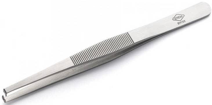 A silver tweezers with a ridged handle, shown in a closed position.