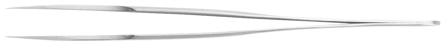 A metal tweezers with pointed tips, lying on a white background.