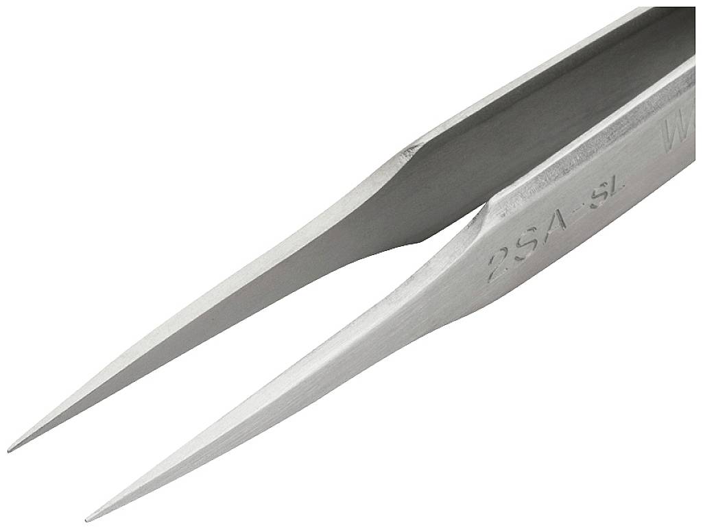 Silver tweezers with tapered ends, used for precisely gripping small objects.