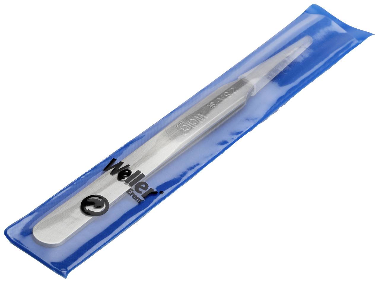 A Weller stainless steel soldering tweezers in a blue packaging.