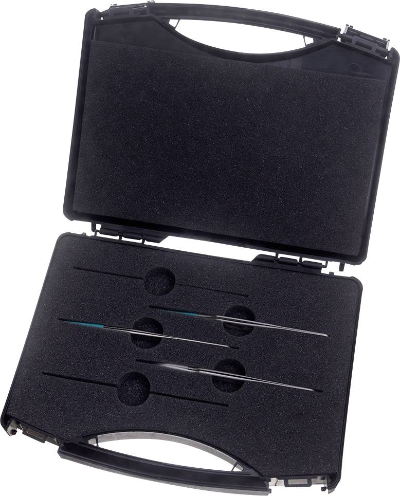 Black suitcase opened, contains three slender metal rods in shaped recesses.