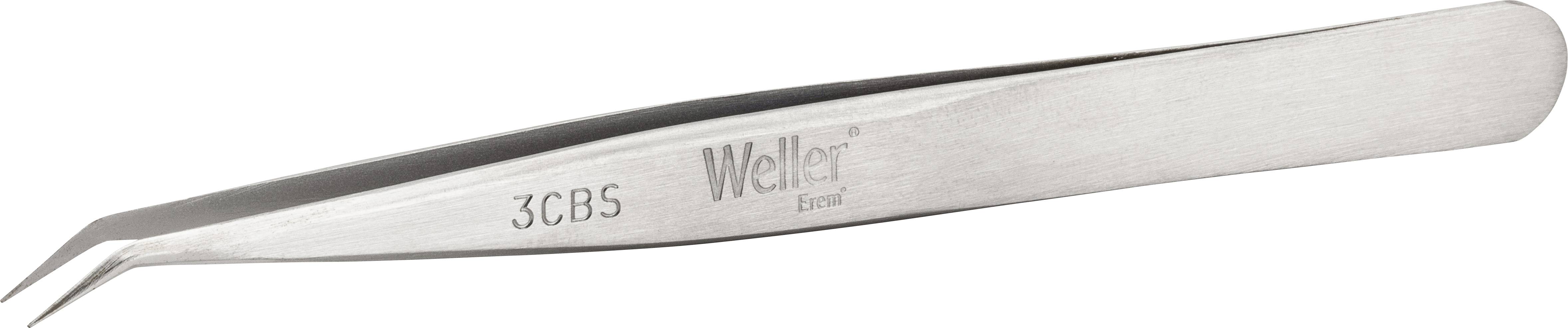 Metal tweezers with a curved end, labelled with 'Weller' and '3CBS', suitable for precise work such as electronics or crafting.
