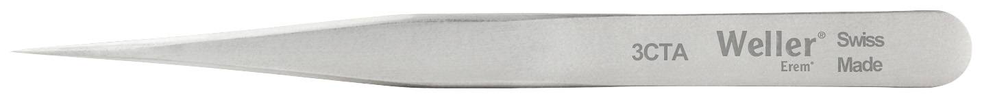 A sharp metal tweezers with an engraving of 'Weller' and 'Swiss Made', suitable for delicate work or electronic precision tasks.