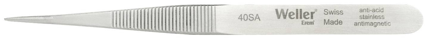 Silver, finely serrated tweezers with inscription 'Weller 40SA Anti-Acid Stainless Steel Anti-Magnetic'.
