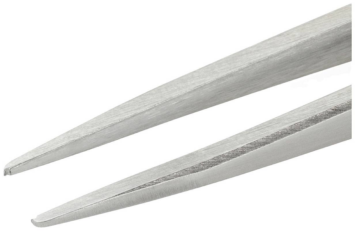 Two stainless steel tweezers in close-up, one with a smooth tip, the other with fine serration, for precise gripping of small objects.