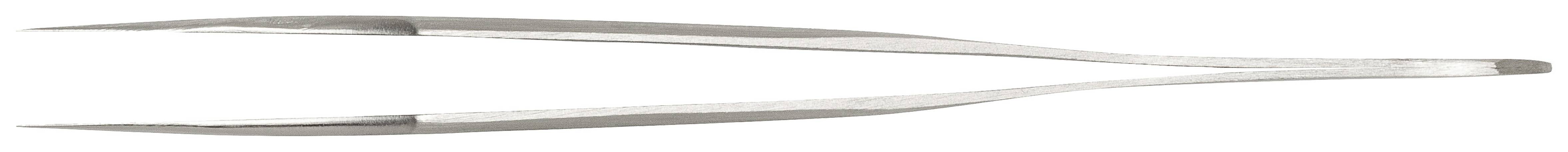 A silver metal tweezers with pointed tips, lying on a white surface.