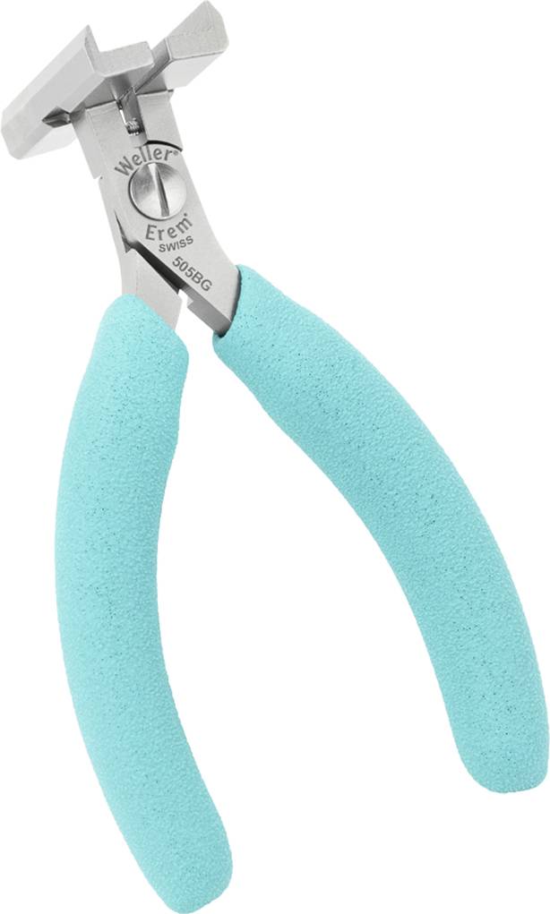 A pair of pliers with turquoise handles and a silver metal head. They are often used for delicate handicrafts.