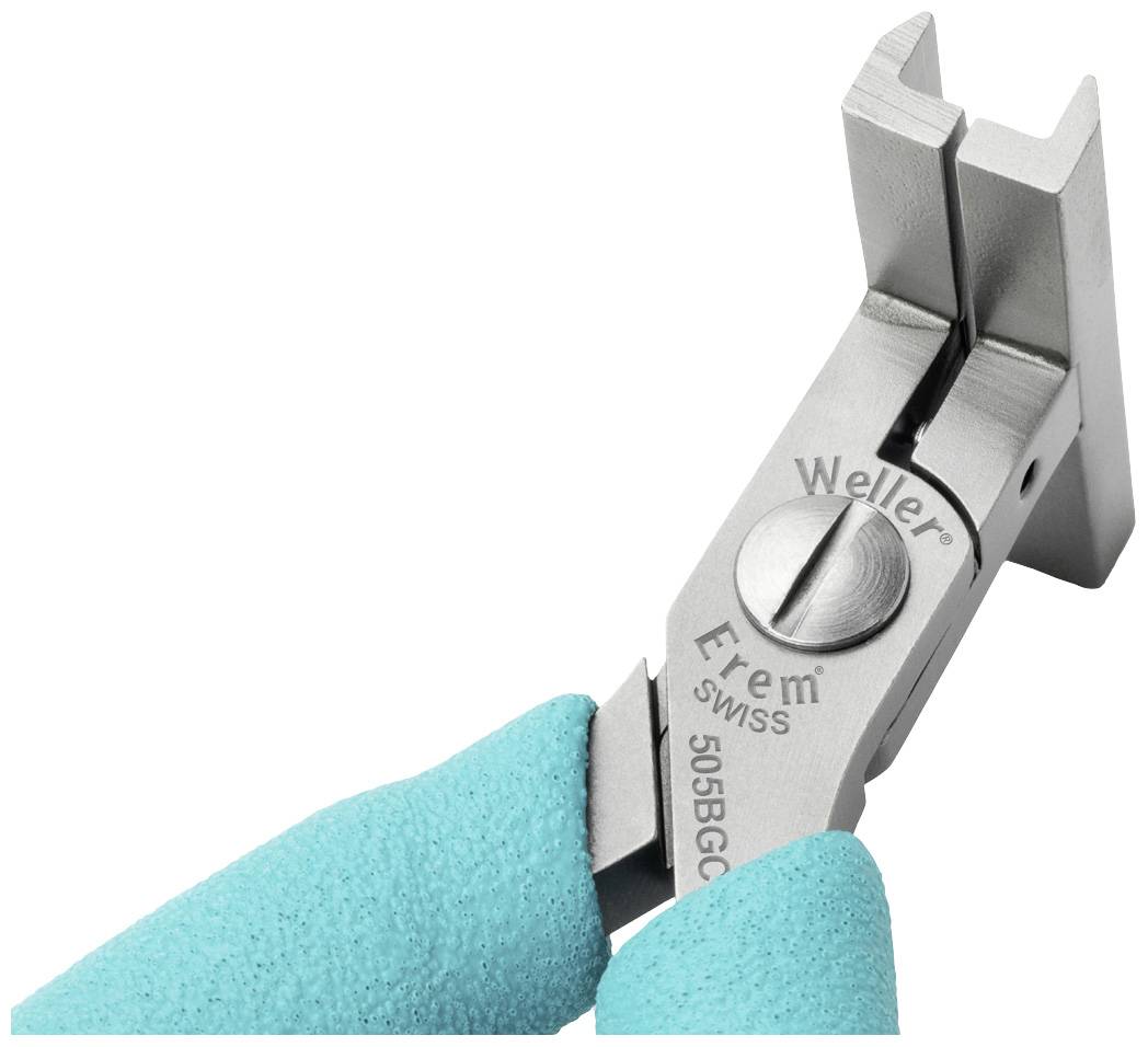 Pliers with turquoise handles and the inscription 'Weller Erem Swiss 505BG' on the metal surface.