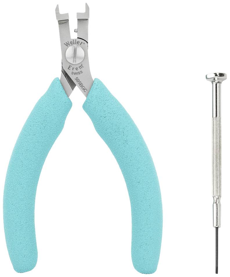 Pliers with a turquoise handle next to a small screwdriver on a white background.