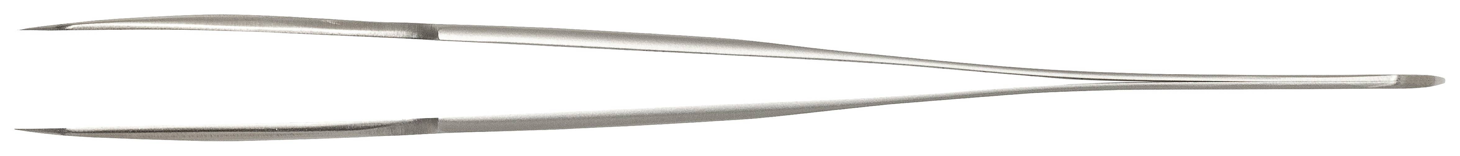 A pair of silver surgical tweezers with curved tips, which can be used for precise medical procedures.