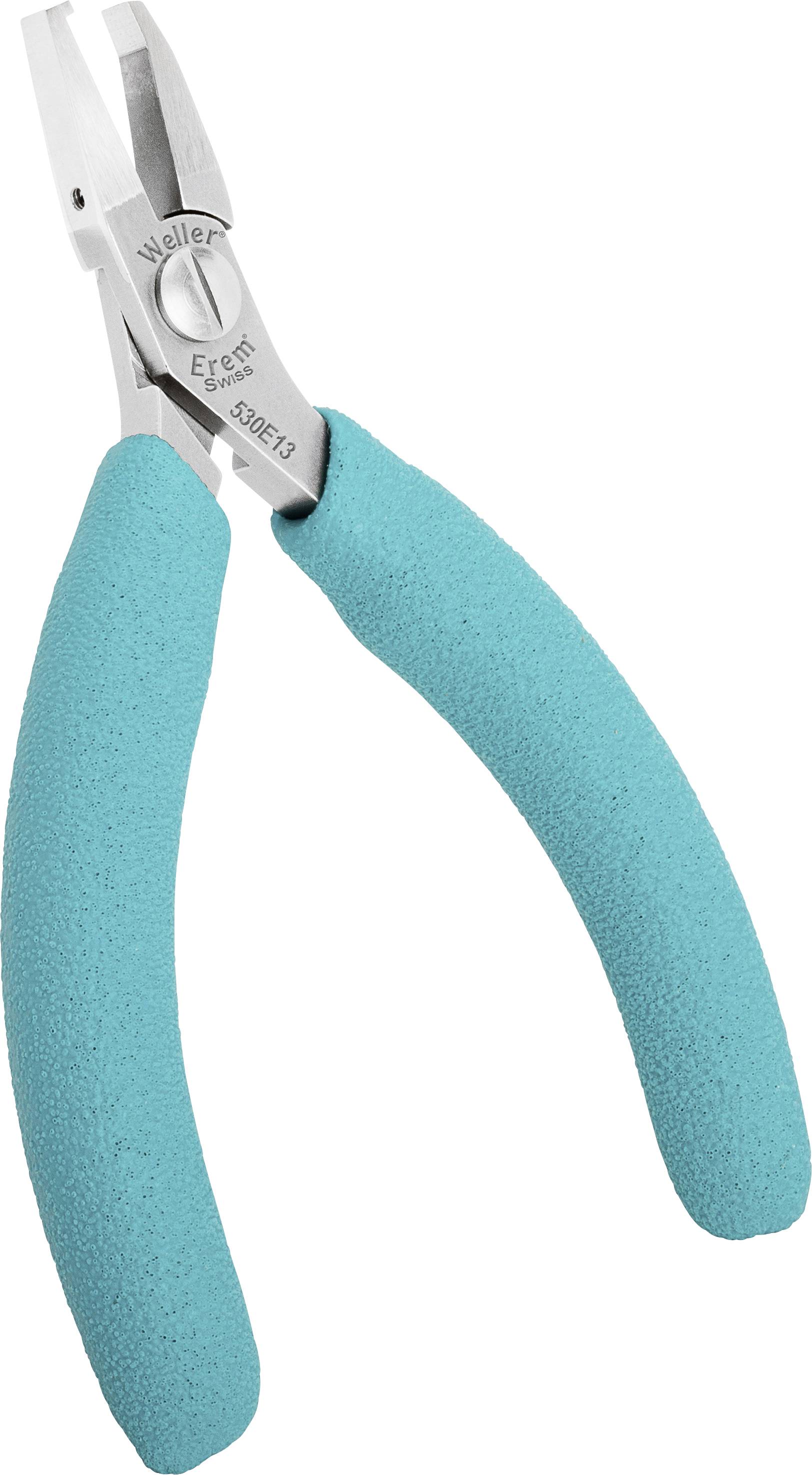 Pliers with turquoise handles and silver cutting head, suitable for cutting fine wires in electronic work.