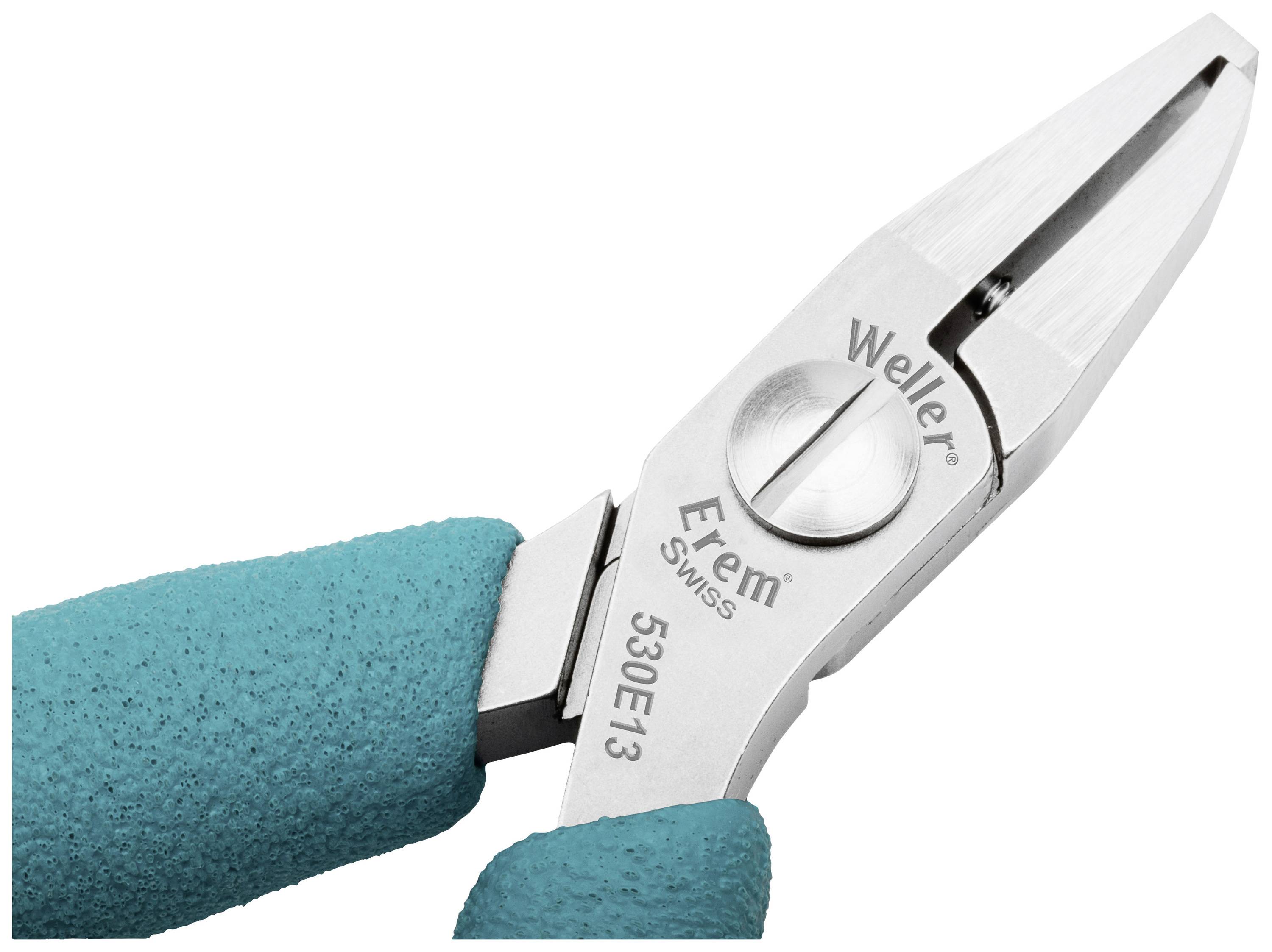 A close-up of a blue precision pliers with the inscription 'Weller Erem Swiss 530E13' on the metal.