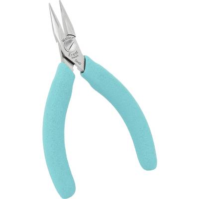 A pair of pliers with turquoise handles and pointed grips, suitable for precision work such as electronics assembly or jewellery making.