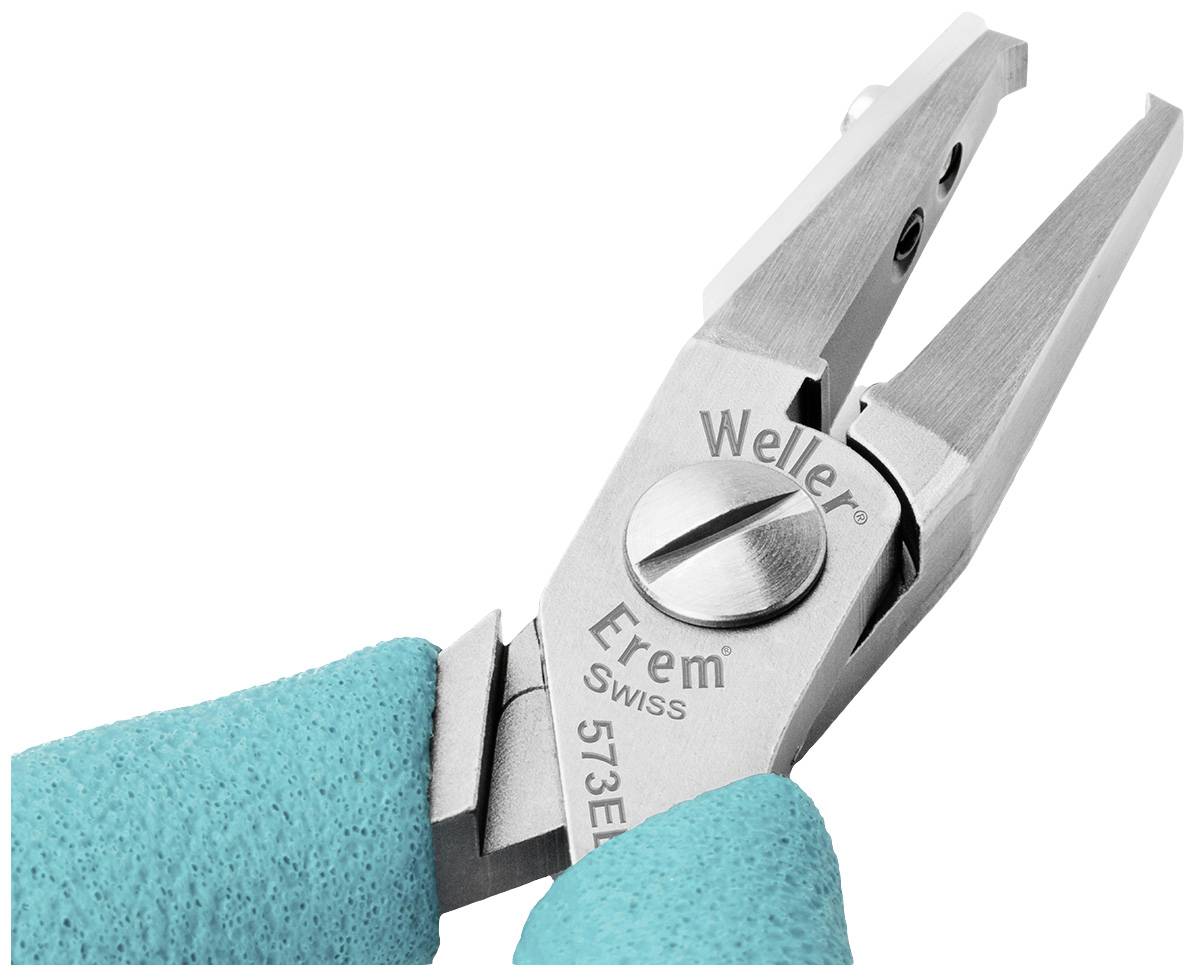 The close-up shows a metal pair of pliers with turquoise handles. The markings 'Weller' and 'Erem Swiss' are visible on the pliers.