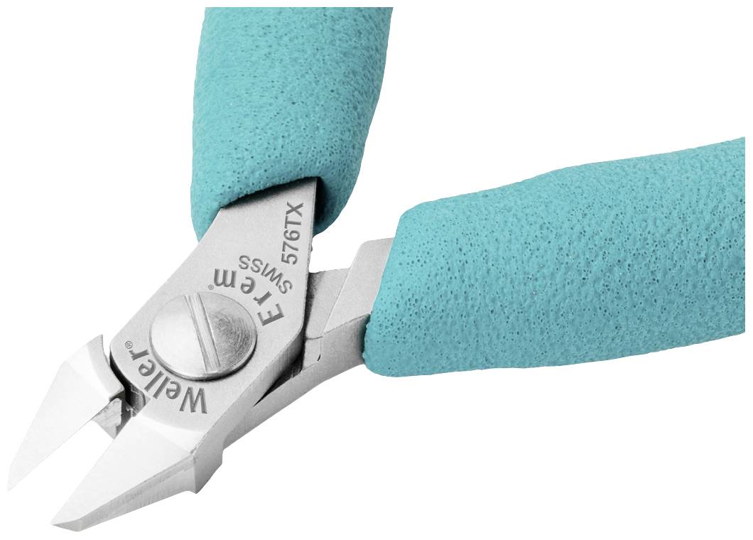 Close-up of a wire cutter with turquoise handles. The blade reads 'Weller Erem 576TX Swiss'.